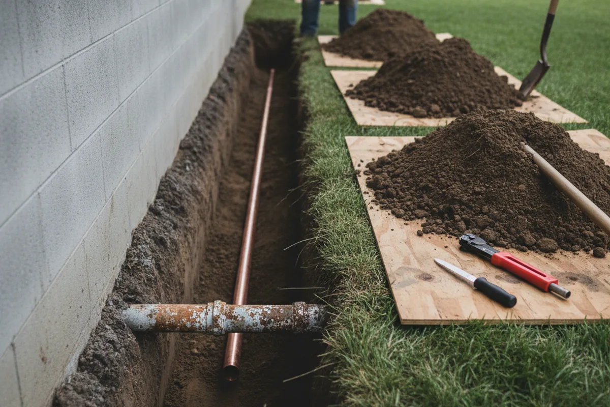 Excavated water line trench during Sewer Line Repair in Weiser